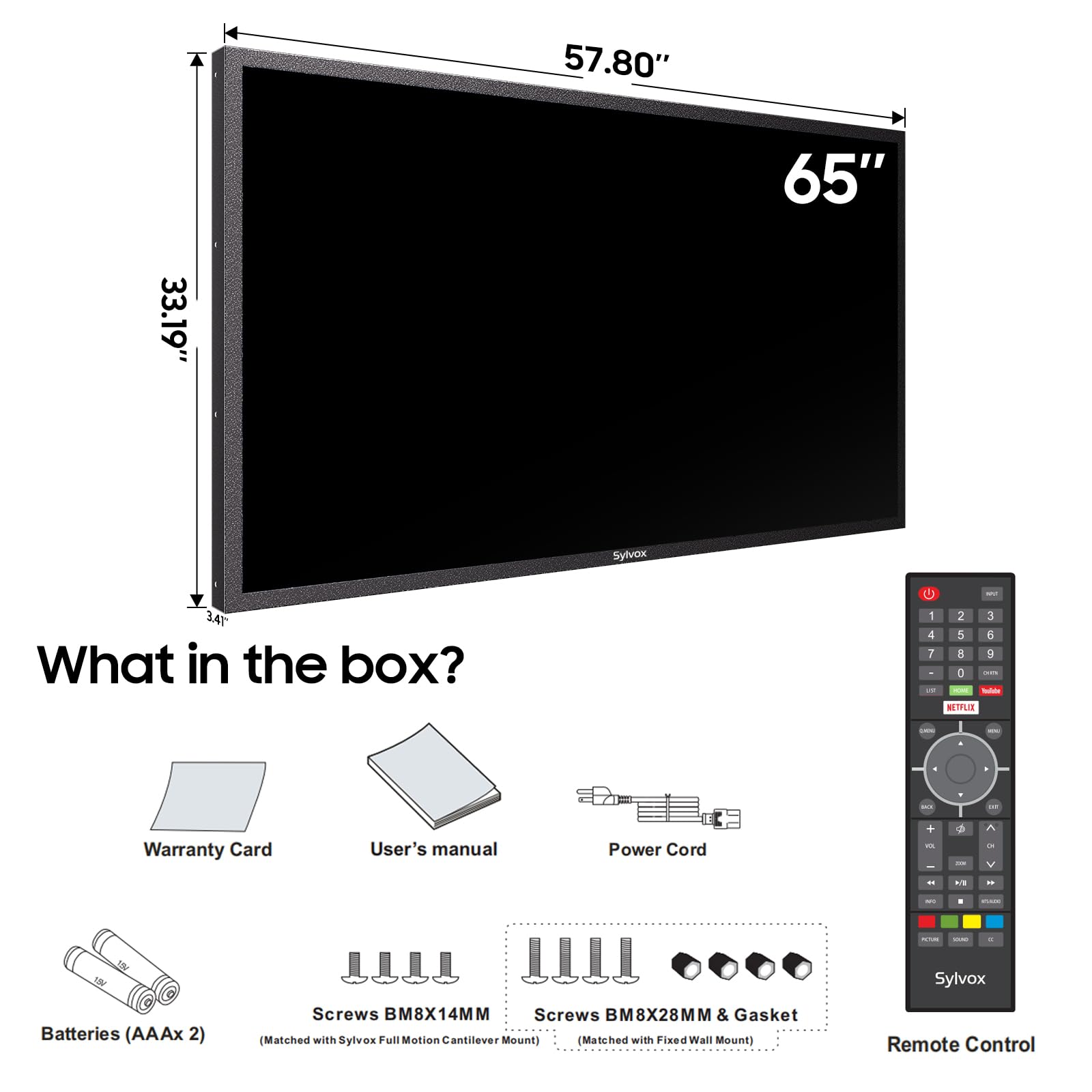 SYLVOX 65 inch Outdoor Signage TV, 1000nits for Partial Sun, IP66 Waterproof Outdoor TV, 4K UHD Commercial TV for Business, ATSC & NTSC Tuner, Support Bluetooth & 2.4G WiFi (Signage 1.0 Series)