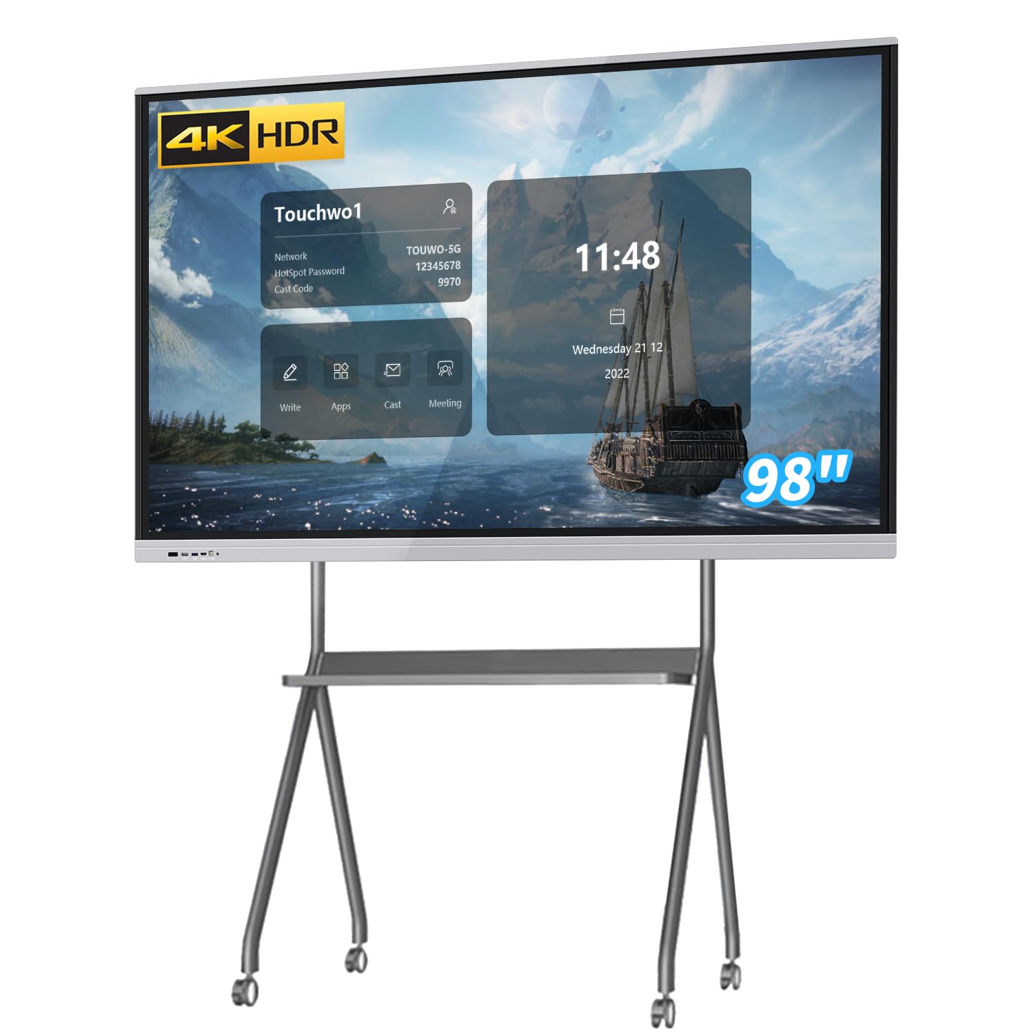 TouchWo 98" Touchscreen Monitor Smart Board, 4K Interactive Presentation Electronic Whiteboard with Dual System, Digital Signage Display for Office & Classroom, Core i7 RAM 8GB+SSD 512GB