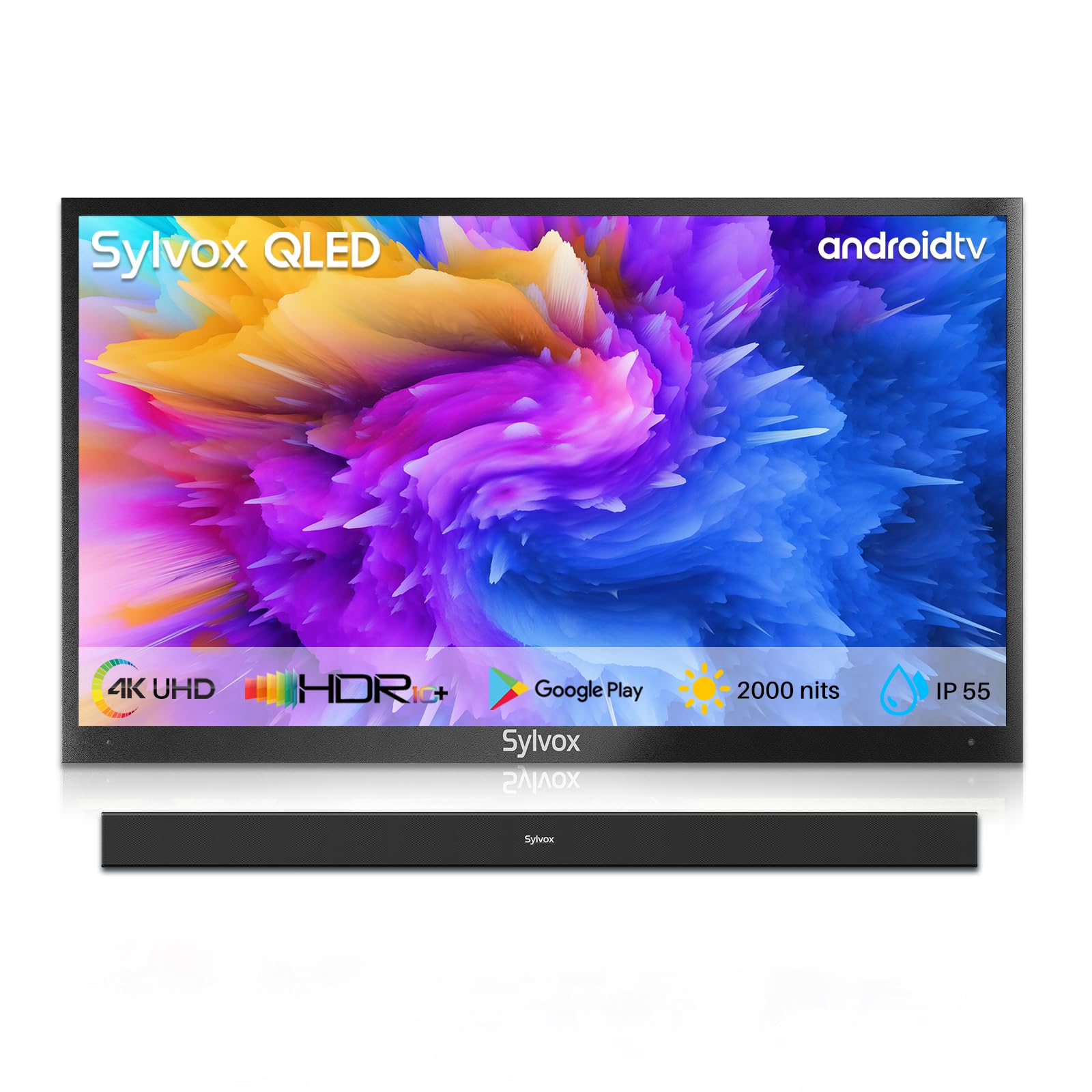 SYLVOX Outdoor TV with Soundbar, 4K QLED Outdoor TV 43" 2000 Nits Full Sun, Outdoor Smart Television with Voice Control & Chromecast Built-in, IP55 Weatherproof TV for Outside (Pool Pro QLED Series)