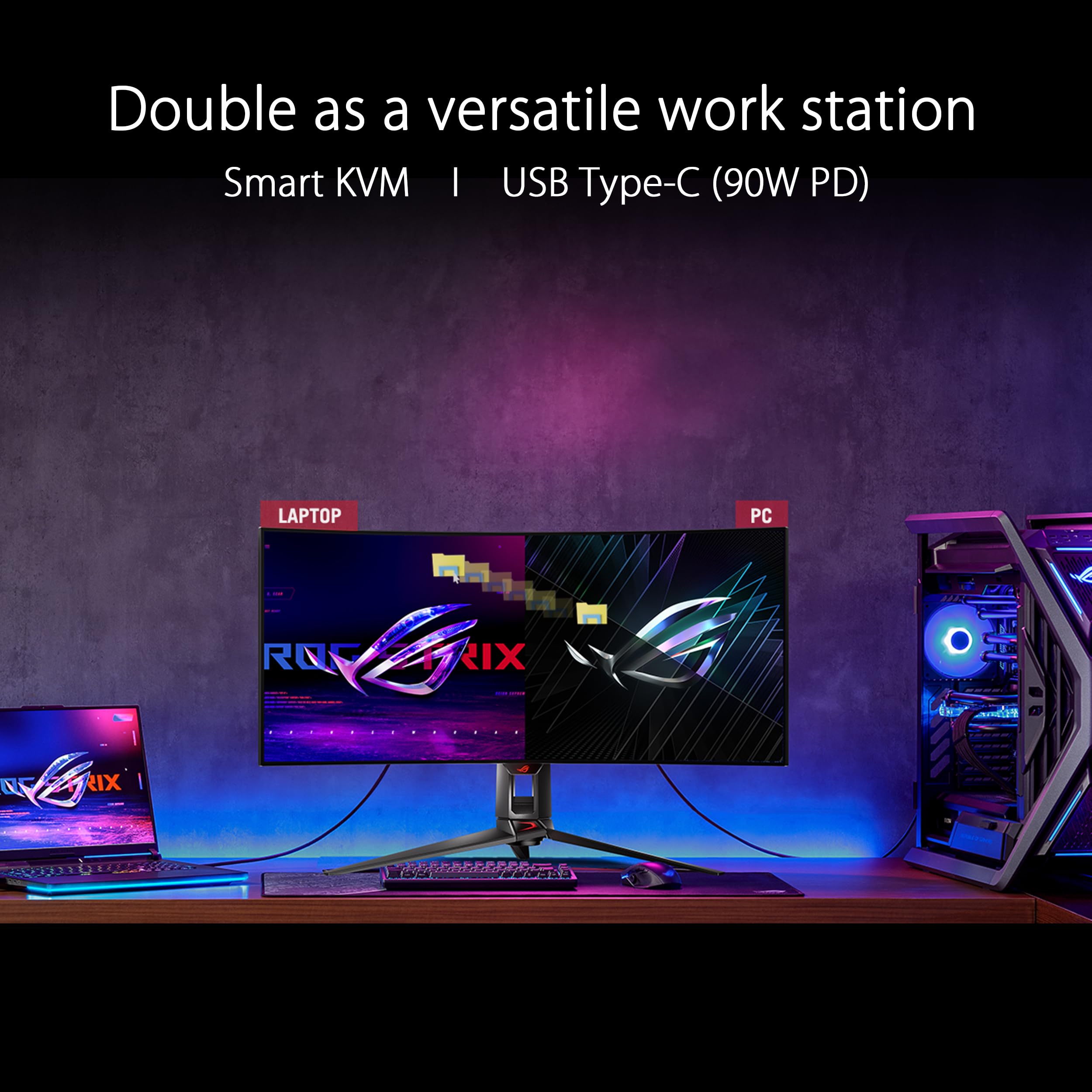 ASUS ROG Swift 34” OLED Ultrawide 800R Curved Gaming Monitor (PG34WCDM) – 21:9 (3440 x 1440), 240Hz, 0.03ms, G-SYNC Compatible, Custom Heatsink, Uniform Brightness, Smart KVM, USB-C 90W PD, 1300nits