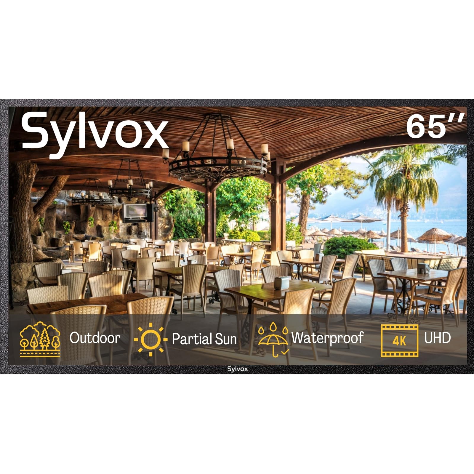 SYLVOX 65 inch Outdoor Signage TV, 1000nits for Partial Sun, IP66 Waterproof Outdoor TV, 4K UHD Commercial TV for Business, ATSC & NTSC Tuner, Support Bluetooth & 2.4G WiFi (Signage 1.0 Series)